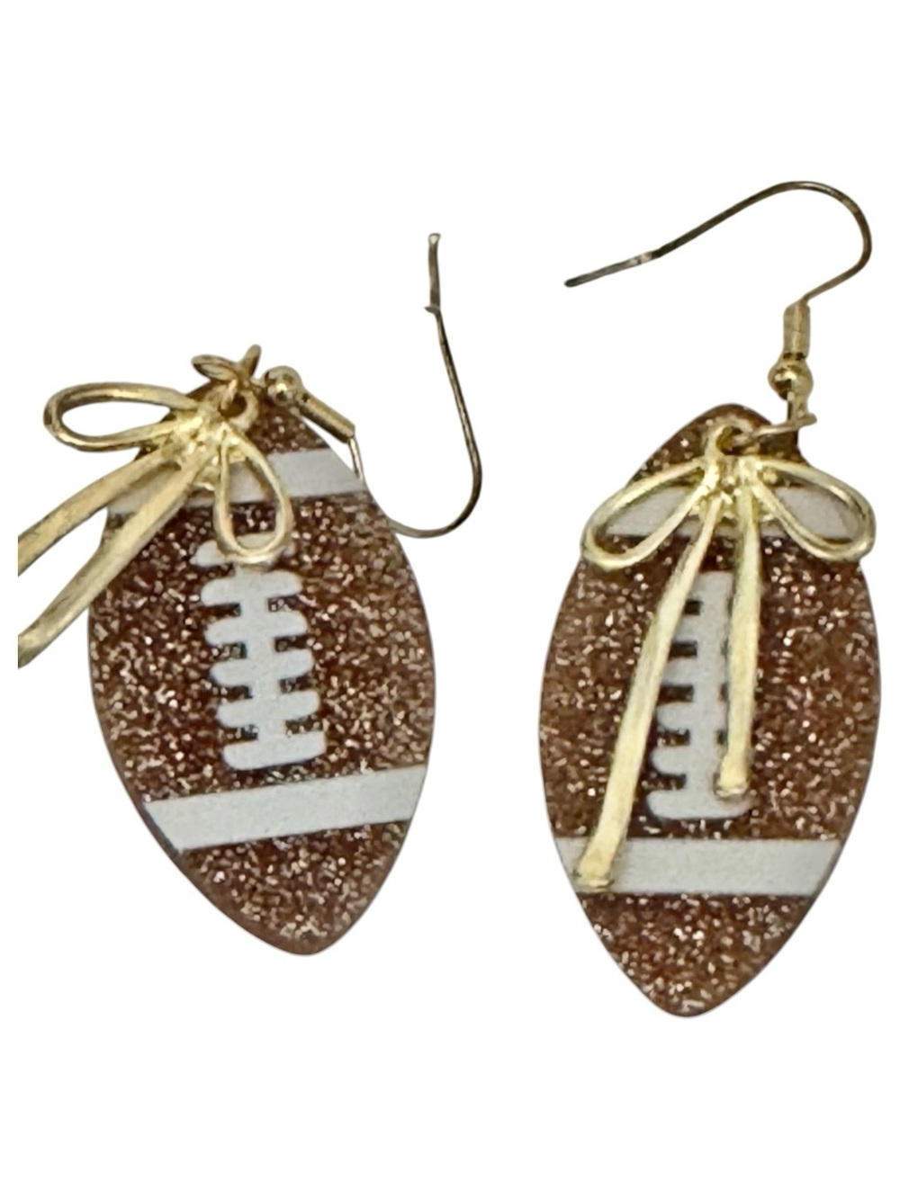 NWOT Pierced Football Gold Bow Brown Glitter Dangle Earrings
